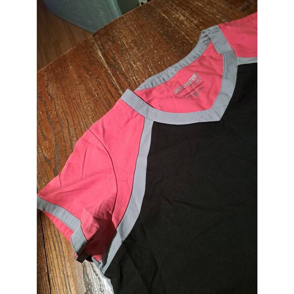 Grey’s Anatomy by Barco + Spandex Scrub Top XL Pink Gray Black V Neck Pockets - Picture 2 of 4